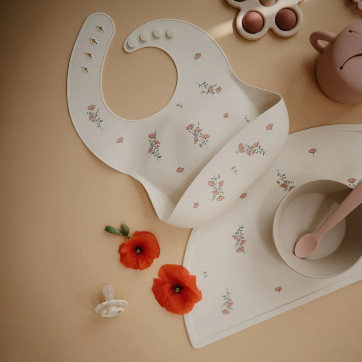 Mushie Mushie - Kids Silicone Bib (Pink Flowers) Bibs