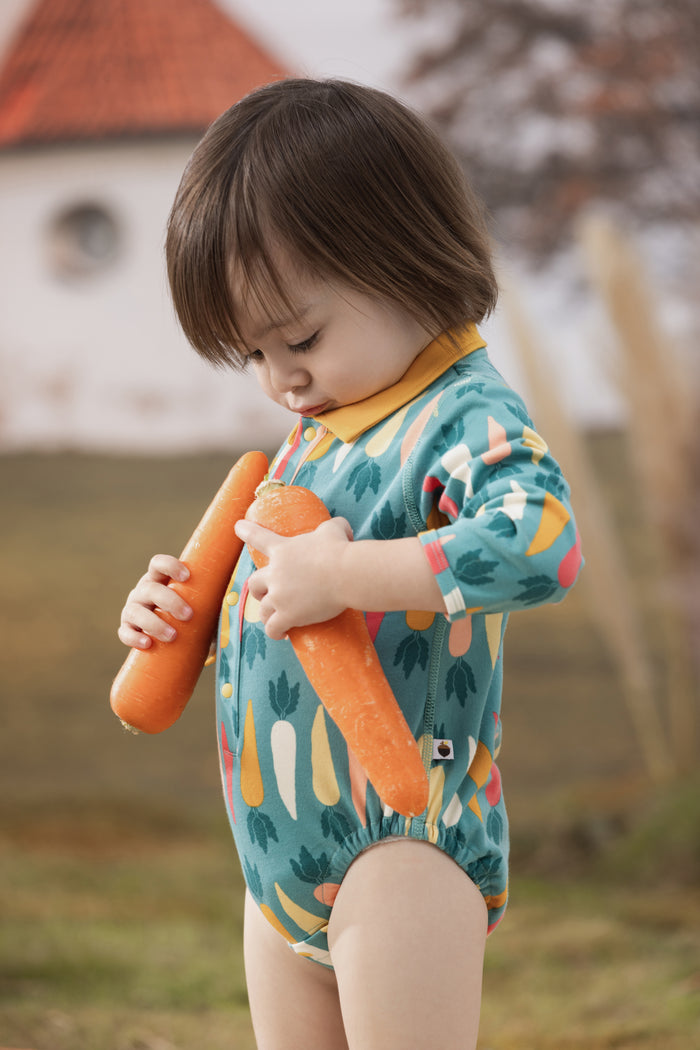 Vauva FW23 - Baby Boy Carrot All Over Print Cotton Polo Long Sleeve Bodysuit (Green)