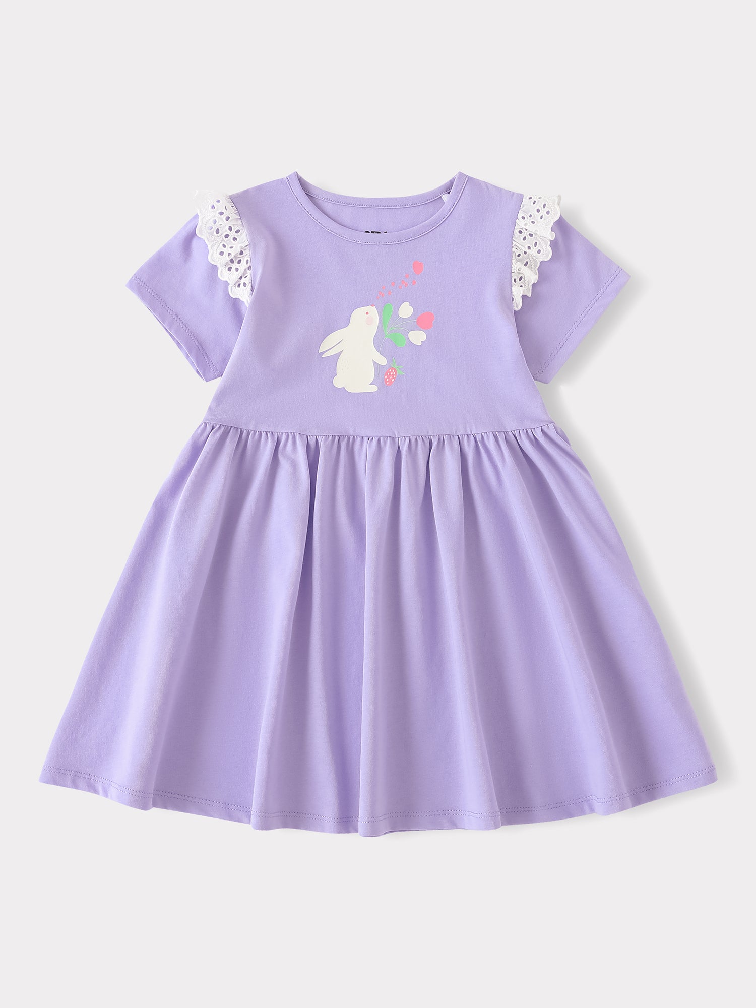Kid Short Sleeve Lace-Trimmed Bunny Print Dress
