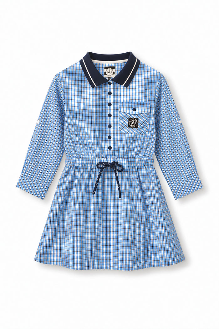 Girls Contrast Collar Button-Front Shirt Dress with Drawstring Waist