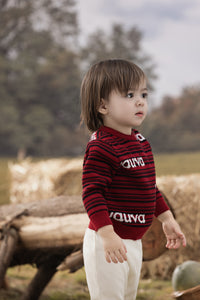 Vauva FW23 - Baby Boys Red and Black Striped Cotton Pullover
