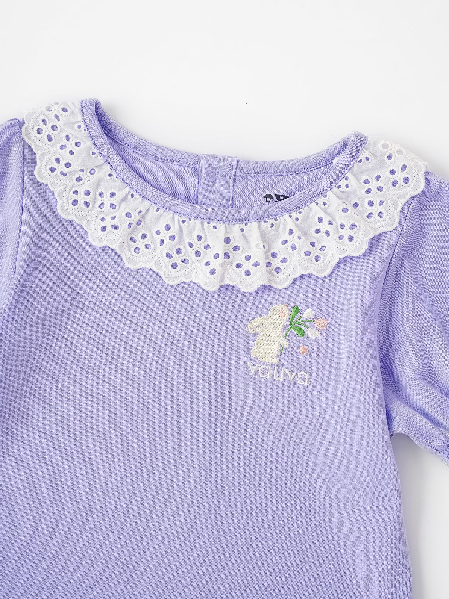 Kid Lace-Trimmed Collar Short Puff Sleeve Bunny Print Tee