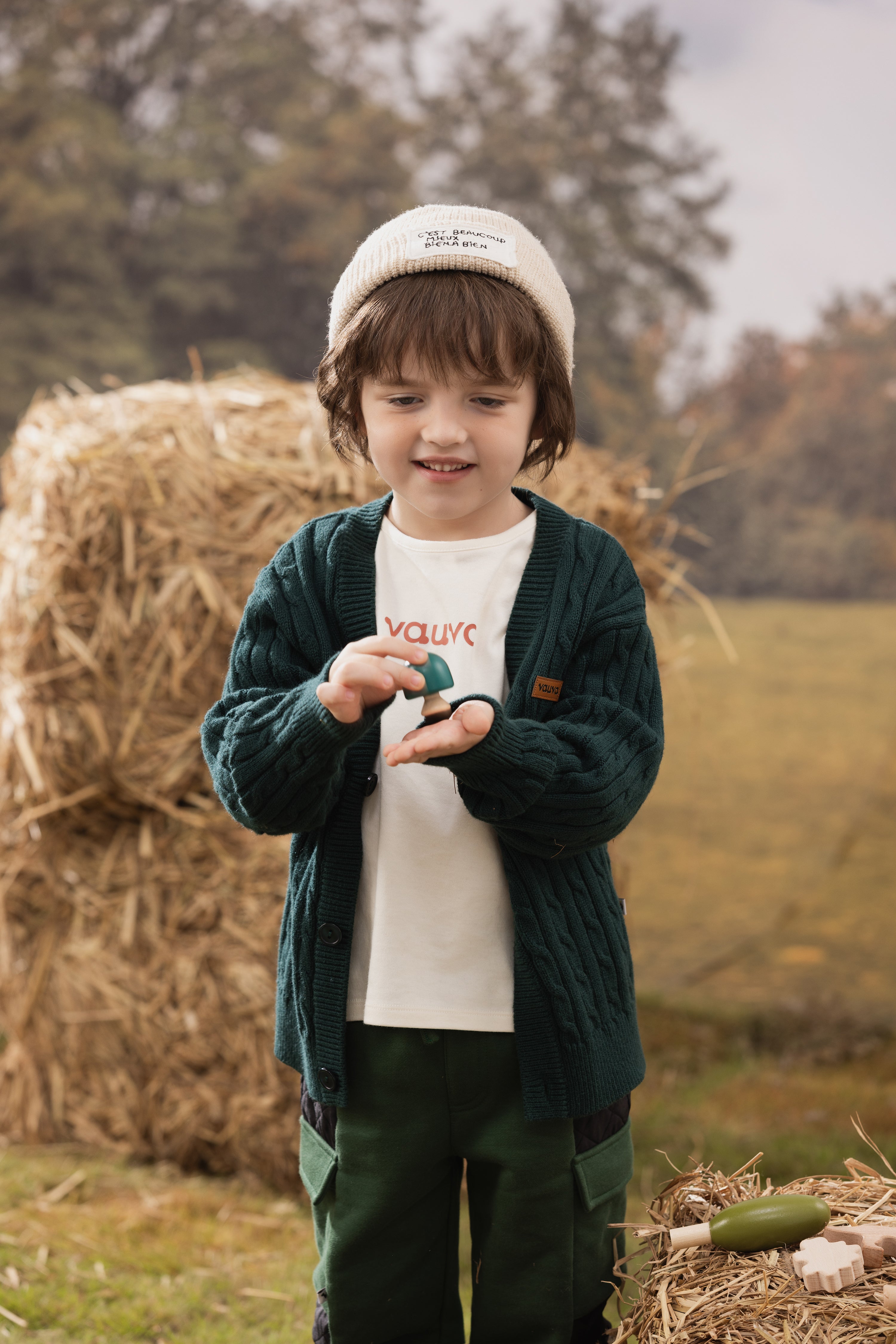 VAUVA Vauva FW23 - Boys Braided Long Sleeve Knit Jacket (Green) Coat & Jacket