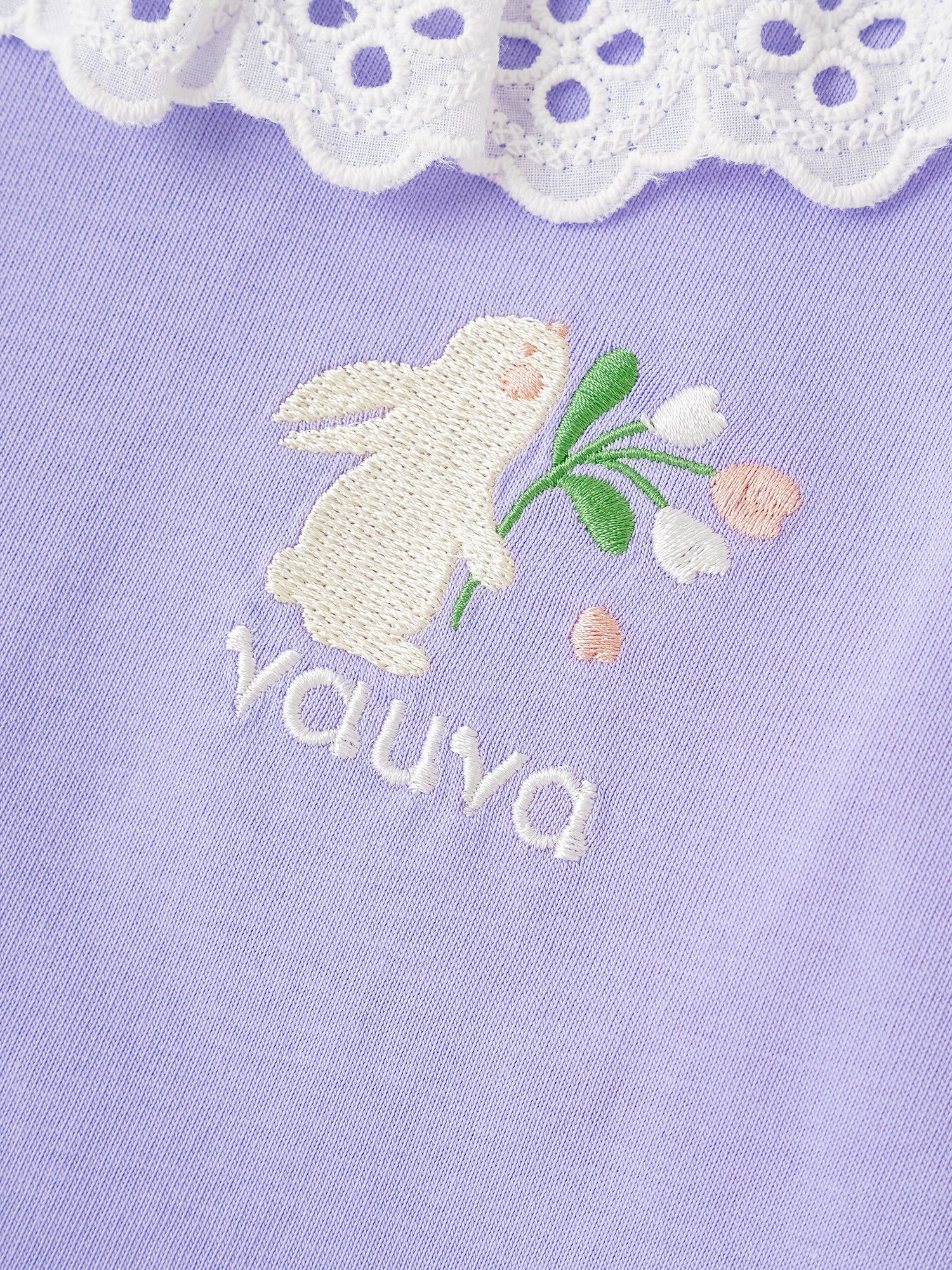 Kid Lace-Trimmed Collar Short Puff Sleeve Bunny Print Tee