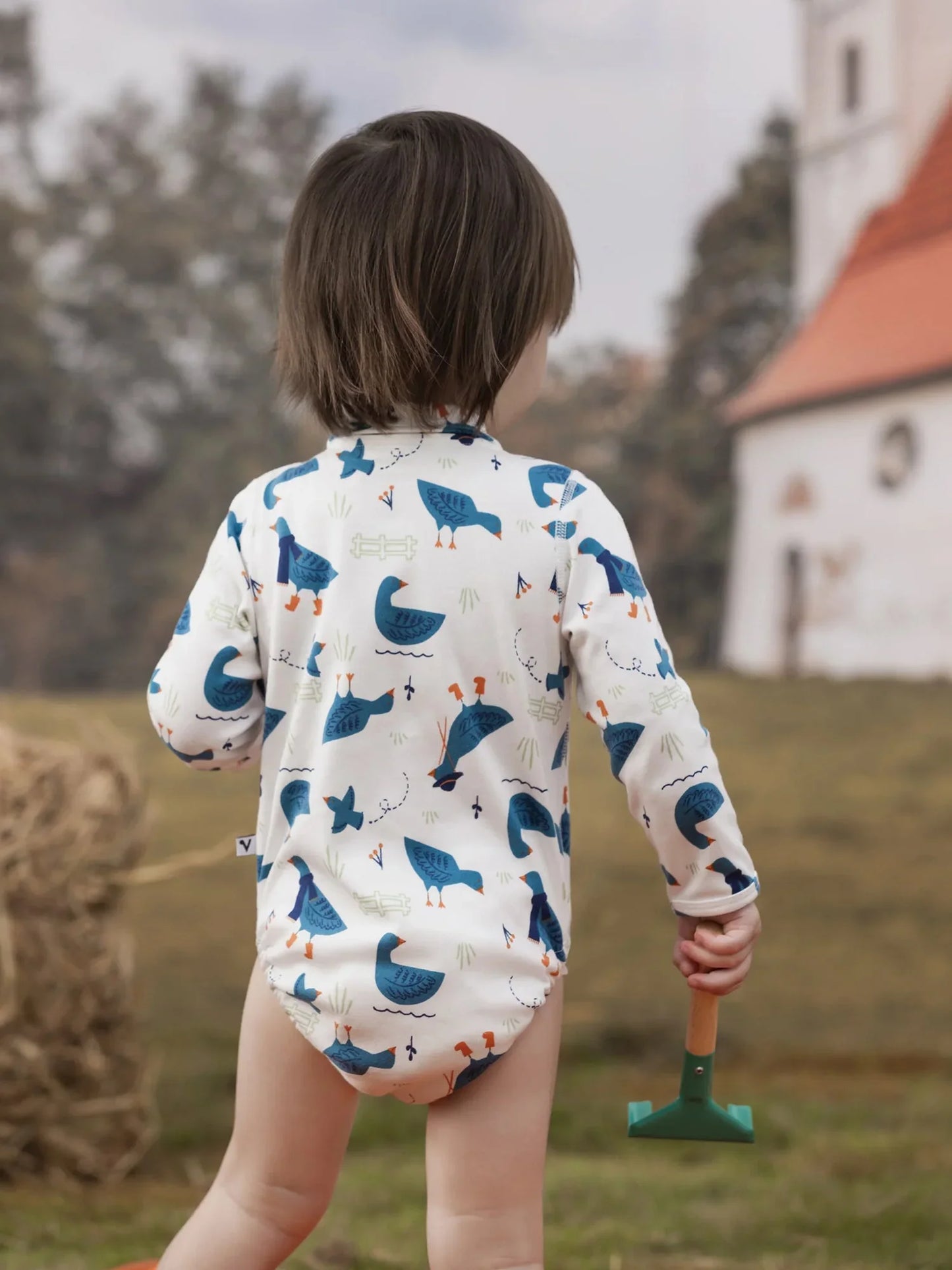 VAUVA Vauva FW23 - Baby Boy White Goose All Over Print Cotton Long Sleeve Bodysuit (White) Bodysuit