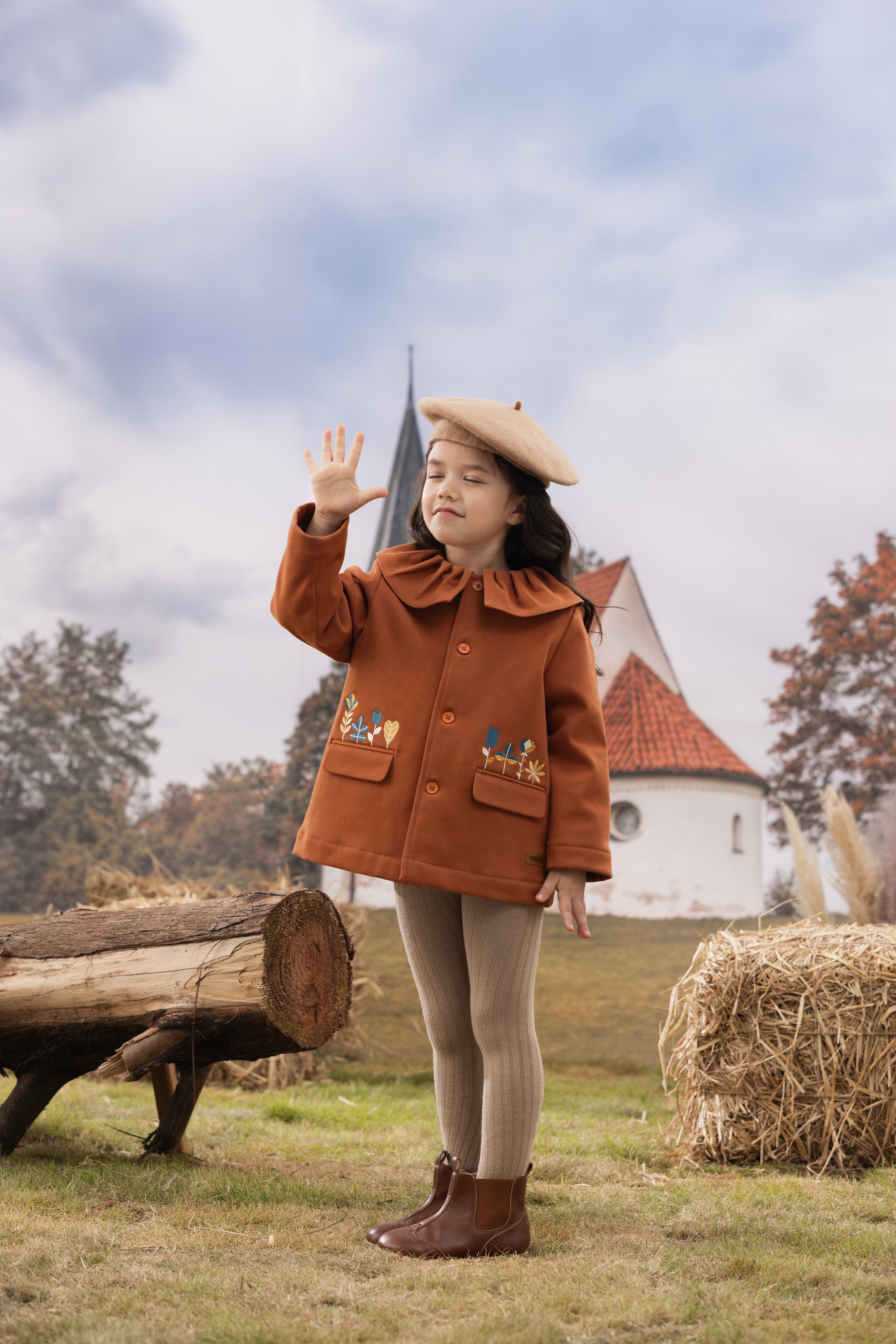 VAUVA Vauva FW23 - Girls Ruffle Collar Embroidered Coat (Brown) Coat & Jacket