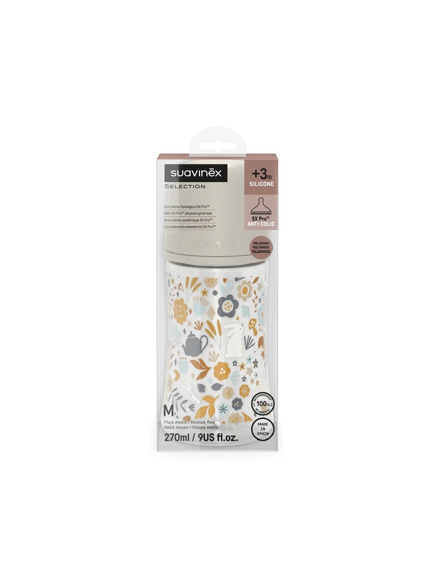 Feeding Bottle (PA) 270ml Medium Flow +3M SX Pro anti-colic Teat - Wonderland Liberty Neutral