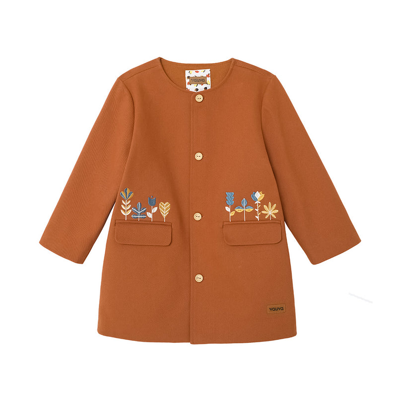 Vauva FW23 - Girls Embroidered Twill Cotton Coat (Brown) 150 cm