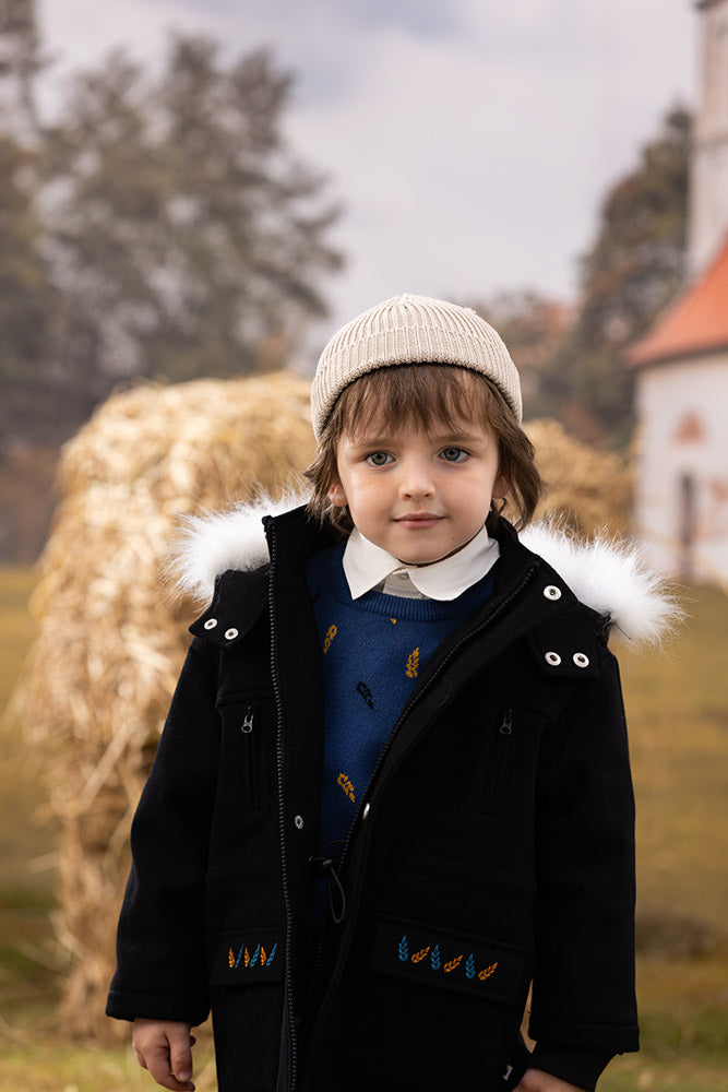 VAUVA Vauva FW23 - Boys Simple Embroidered Black Hooded Coat Coat & Jacket