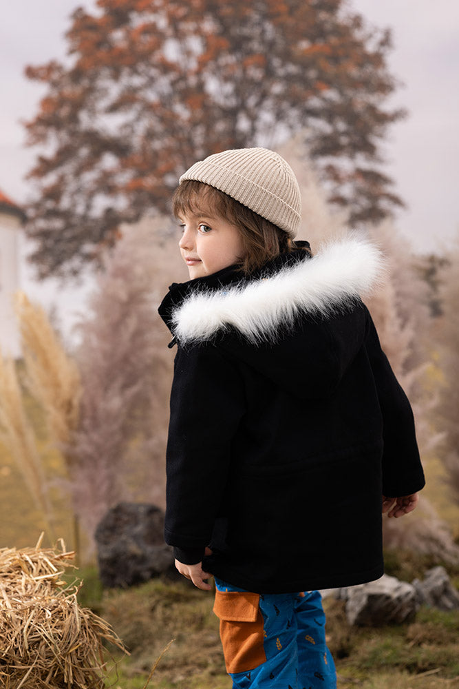 VAUVA Vauva FW23 - Boys Simple Embroidered Black Hooded Coat Coat & Jacket