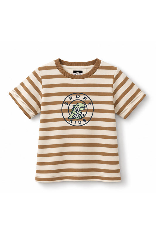 Boys Striped Dino Emblem Short Sleeve T-Shirt