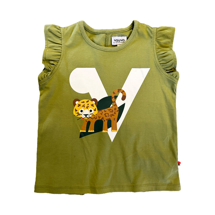 Vauva SS23 Safari - Girls Tiger Print Ruffle Cotton Short Sleeves Vest (Olive Green)