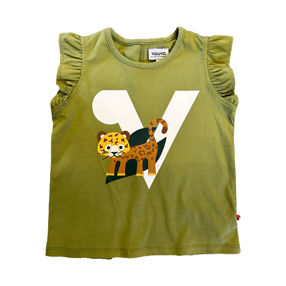 VAUVA Vauva SS23 Safari - Girls Tiger Print Ruffle Cotton Short Sleeves Vest (Olive Green) Vest