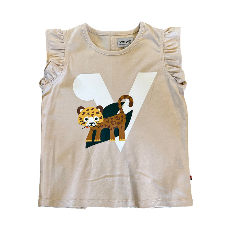 Vauva SS23 Safari - Girls Tiger Print Ruffle Cotton Short Sleeves Vest (Khaki) - My Little Korner
