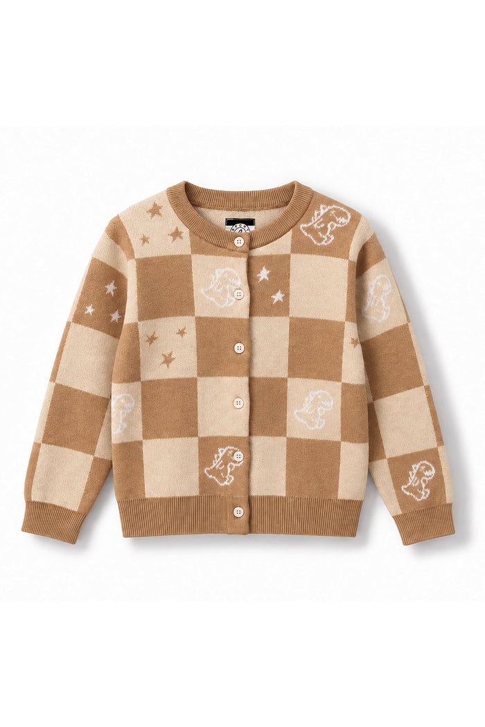 Girls Checkerboard Dino Jacquard Knit Cardigan