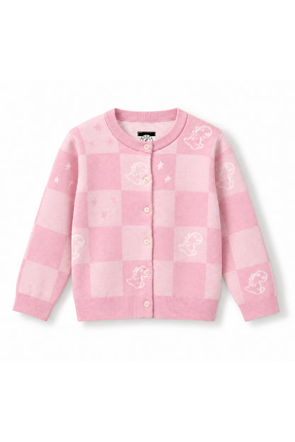 Girls Checkerboard Dino Jacquard Knit Cardigan