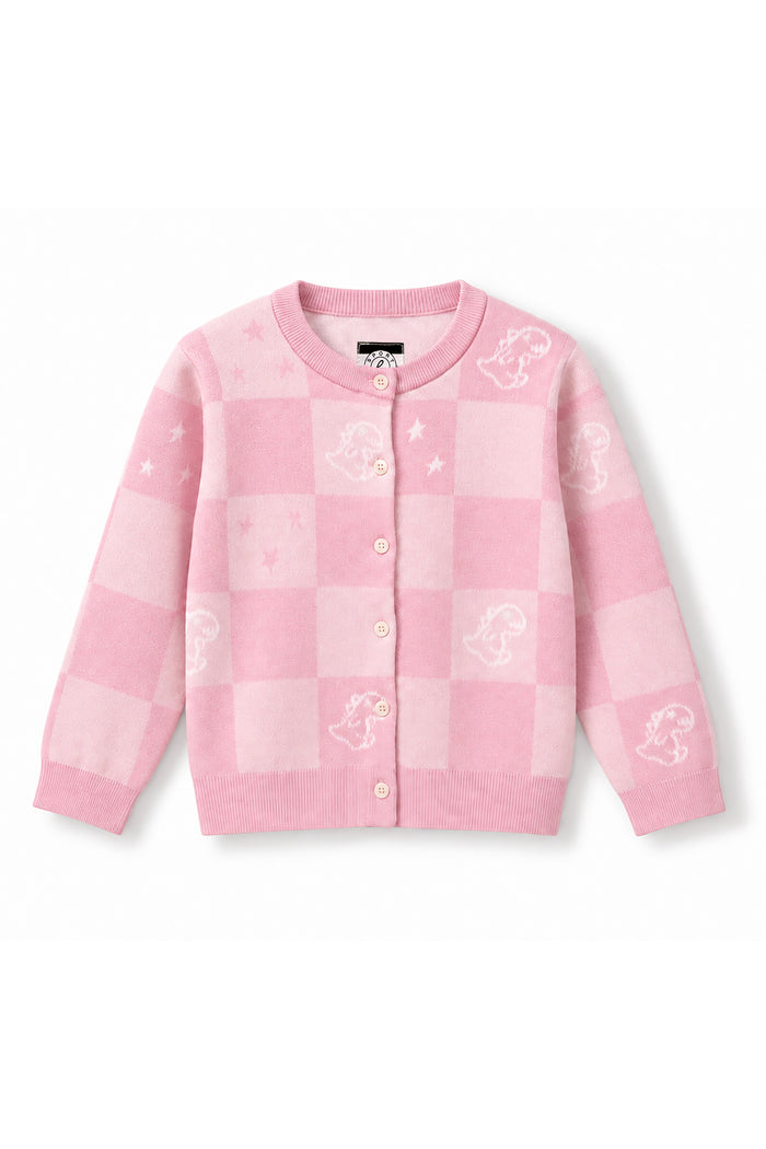 Girls Checkerboard Dino Jacquard Knit Cardigan