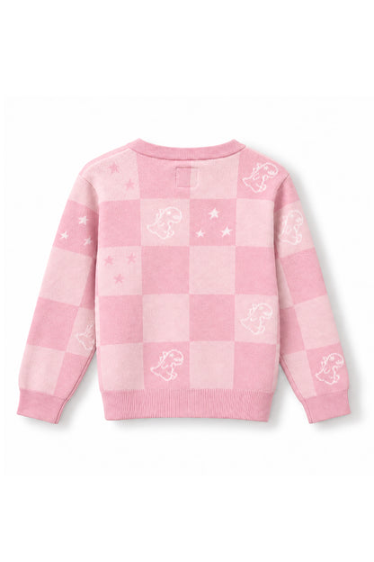 Girls Checkerboard Dino Jacquard Knit Cardigan