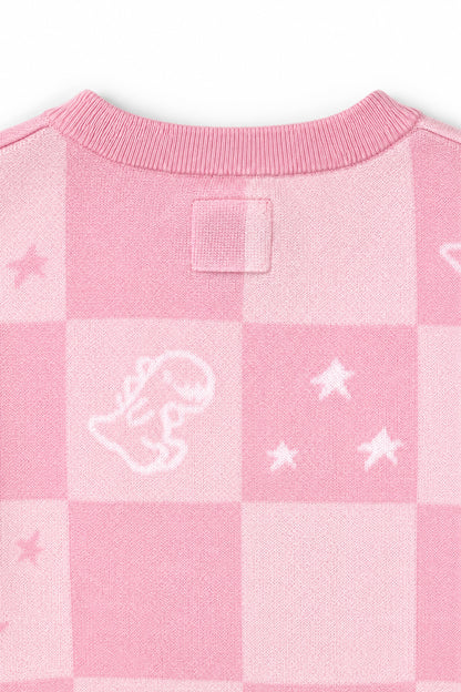 Girls Checkerboard Dino Jacquard Knit Cardigan