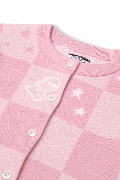 Girls Checkerboard Dino Jacquard Knit Cardigan