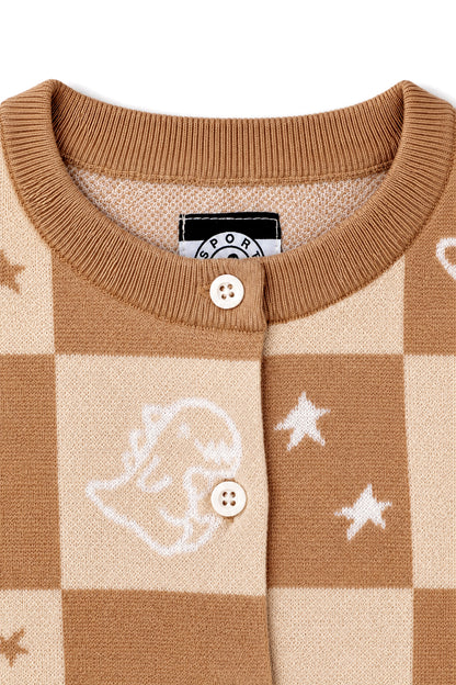 Girls Checkerboard Dino Jacquard Knit Cardigan