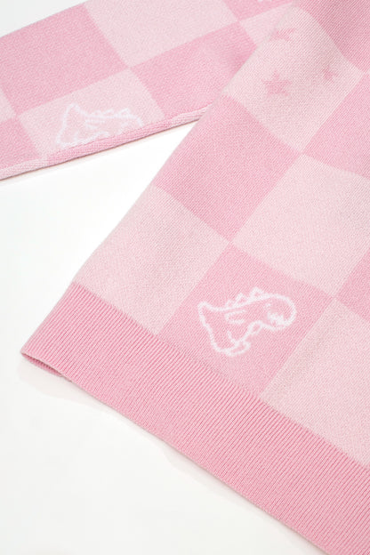 Girls Checkerboard Dino Jacquard Knit Cardigan