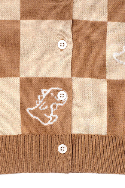 Girls Checkerboard Dino Jacquard Knit Cardigan