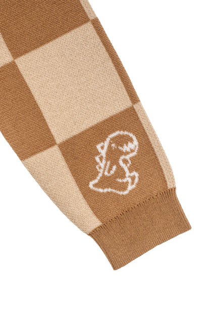 Girls Checkerboard Dino Jacquard Knit Cardigan