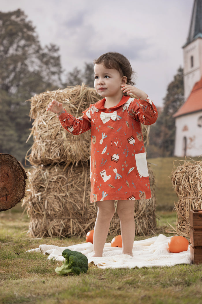 Vauva FW23 - Baby Girls Happy Farm Double Pocket Dress (Red) model front