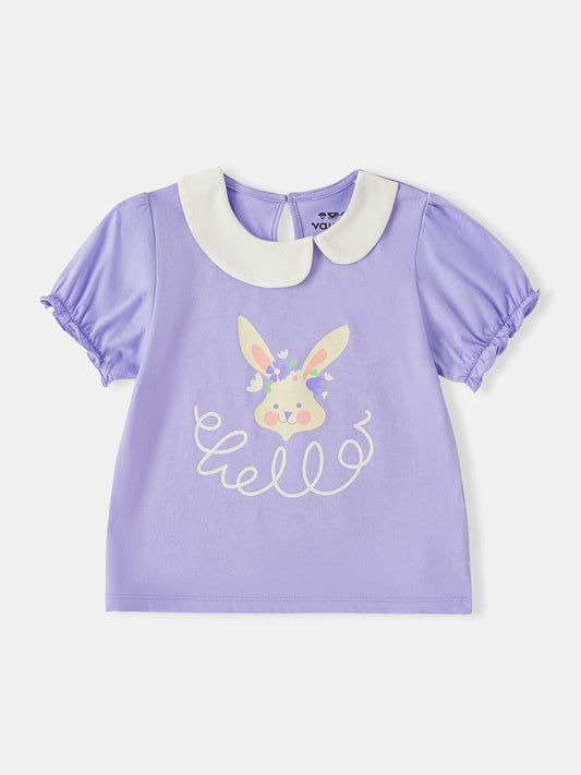 Girls Signature Collar Short Sleeve Bunny Print Tee