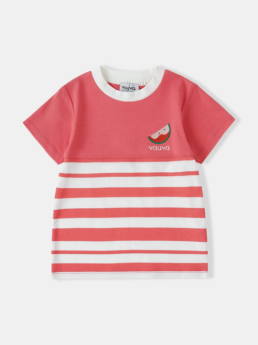 Kid Short Sleeve Watermelon Embroidery Two-Tone Tee