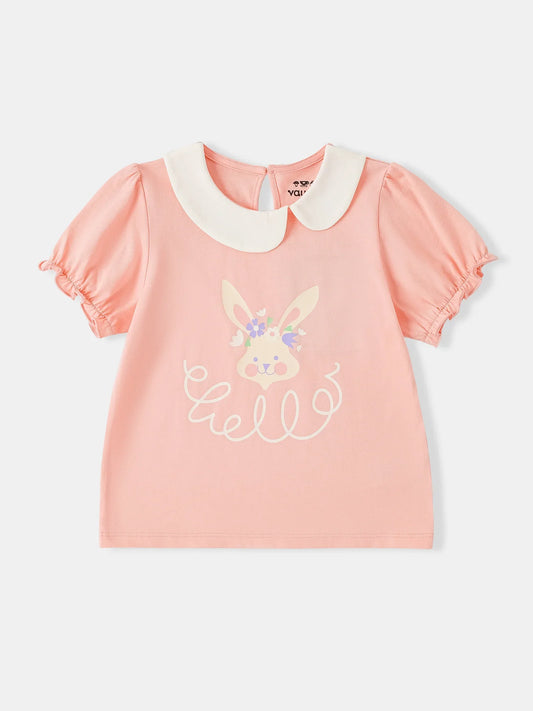 Girls Signature Collar Short Sleeve Bunny Print Tee