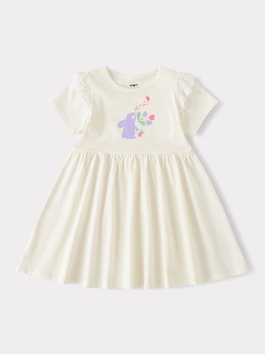 Girls Short Sleeve Lace-Trimmed Bunny Print Dress