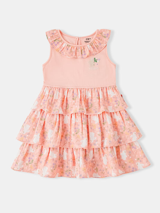 Girl Sleeveless All-Over Bunny Print Layered Dress