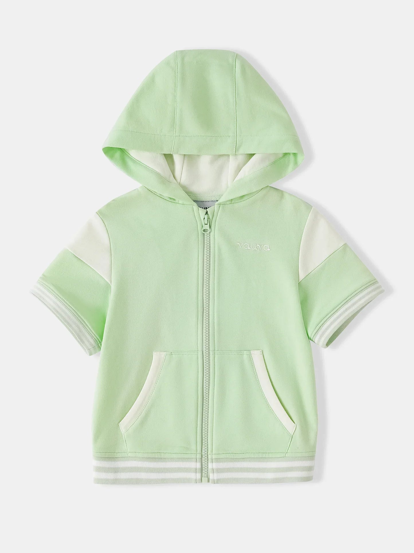 Kid Short Sleeve Logo Embroidery Zipped Hoodie