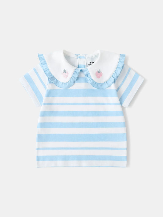 Girls Puritan Collar Short Sleeve Stripe Print Top