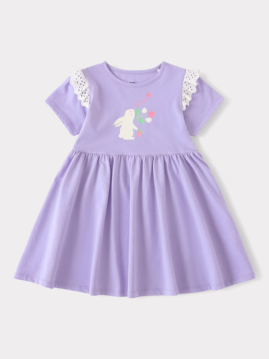 Girls Short Sleeve Lace-Trimmed Bunny Print Dress