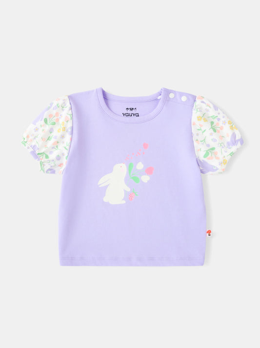Baby Girls Short Puff Sleeve Bunny Print Tee