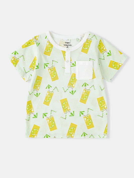 Boys Short Sleeve All-Over Lemon Tea Print Pocket Tee