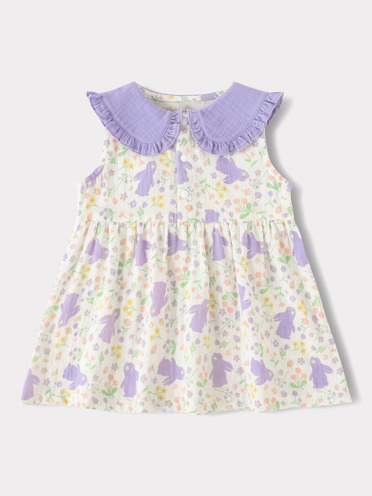 Baby Babydoll Collar Sleeveless All-Over Bunny Print Dress & Knicker Set