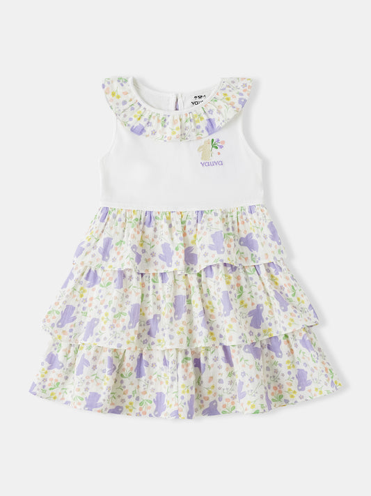 Girls Sleeveless All-Over Bunny Print Layered Dress