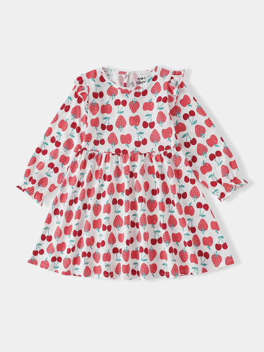 Girls Long Puff Sleeve All-Over Berries Print Dress