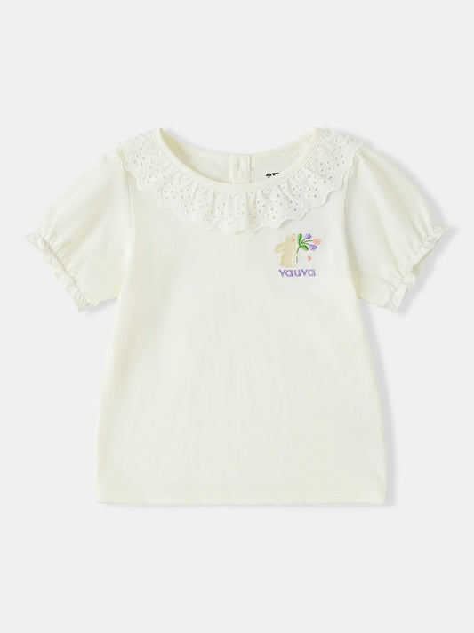 Girls Lace-Trimmed Collar Short Puff Sleeve Bunny Print Tee