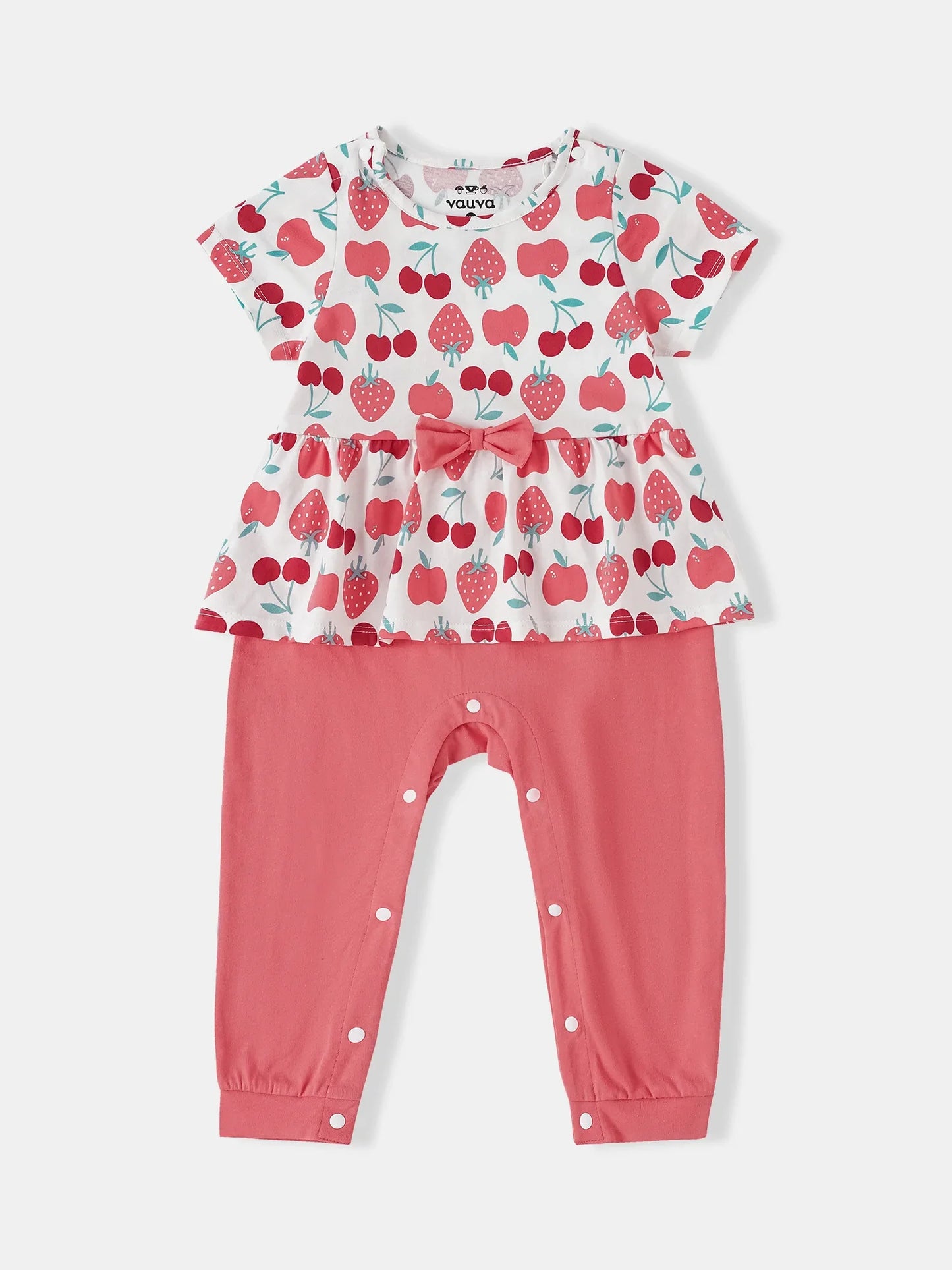 Baby Girls Short Sleeve All-Over Berries Print Two-Tone Romper
