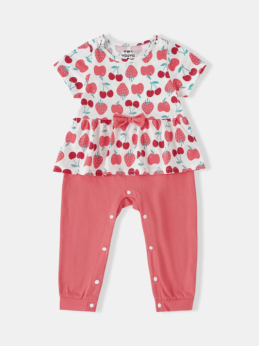 Baby Girls Short Sleeve All-Over Berries Print Two-Tone Romper