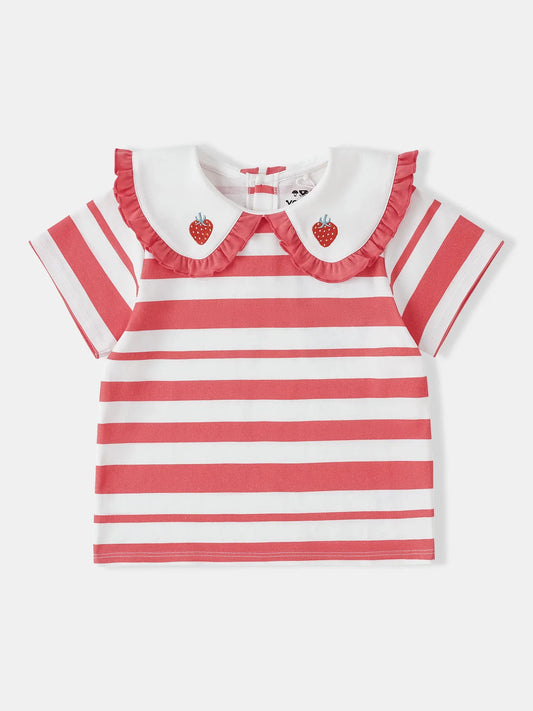 Kid Puritan Collar Short Sleeve Stripe Print Top