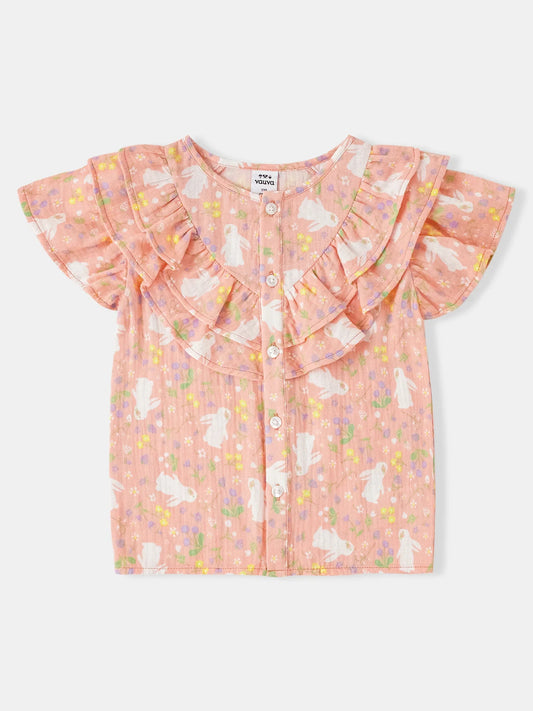 Girls All-Over Bunny Print Frills Top