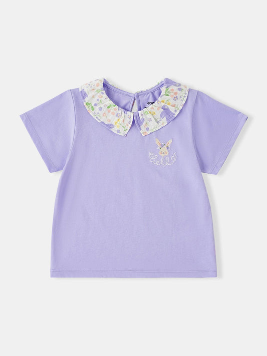 Girls Ruffle Collar Short Sleeve Bunny Print Tee