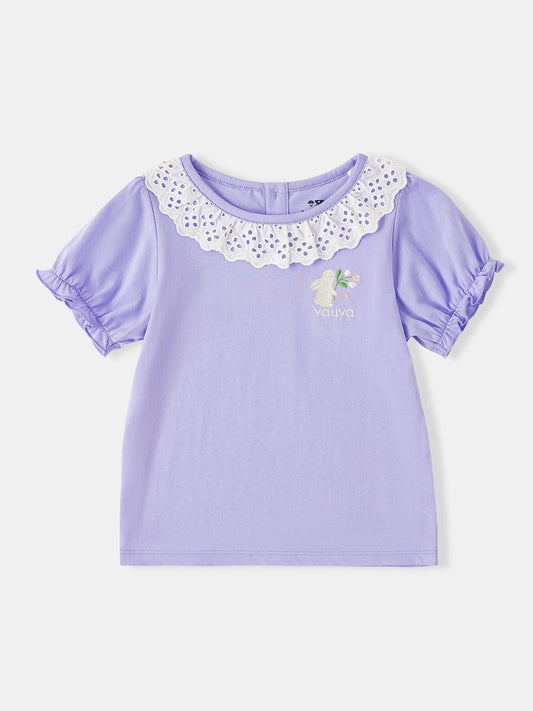 Girls Lace-Trimmed Collar Short Puff Sleeve Bunny Print Tee