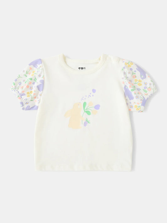 Baby Girls Short Puff Sleeve Bunny Print Tee